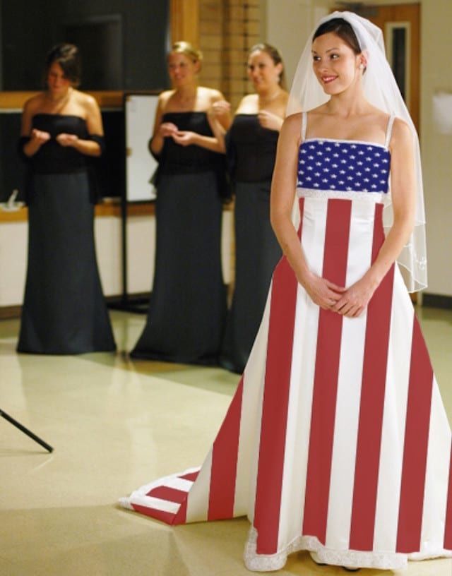 A girl wearing an American flag wedding dress
