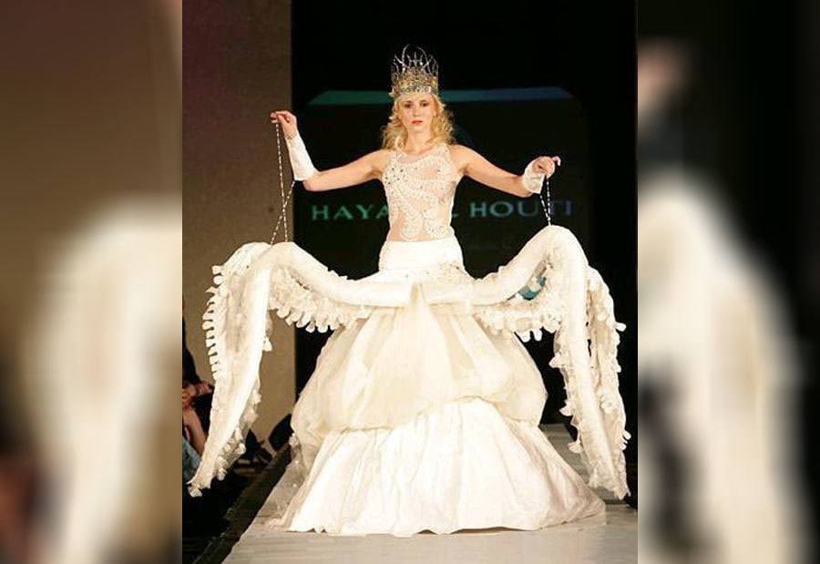 A bride in a wedding dress that looks like an octopus