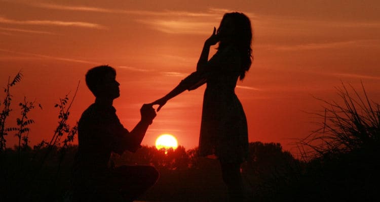 A couple mid proposal in front of a sunset. 