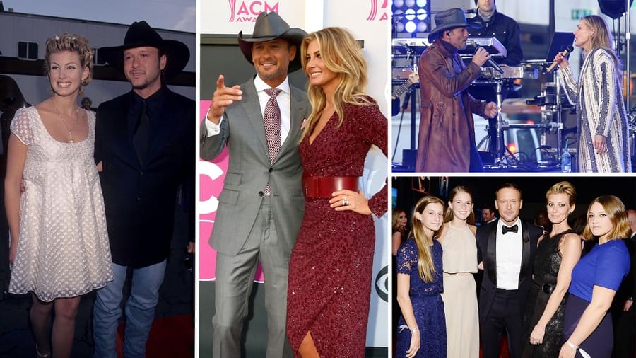 Tim McGraw and pregnant Faith Hill photographed in 1997. / Tim McGraw and Faith Hill at the Academy of Country Music Awards 2017. / Tim McGraw and Faith Hill perform on the NBC Today Show concert series. / Tim McGraw and Faith Hill with their daughters.