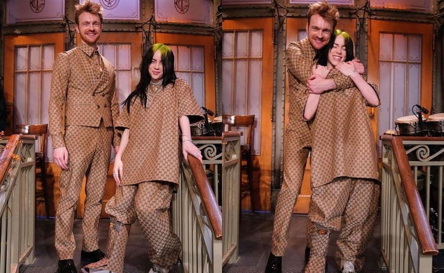 Finneas and Billie matching in tan outfits on the set of Saturday Night Live.