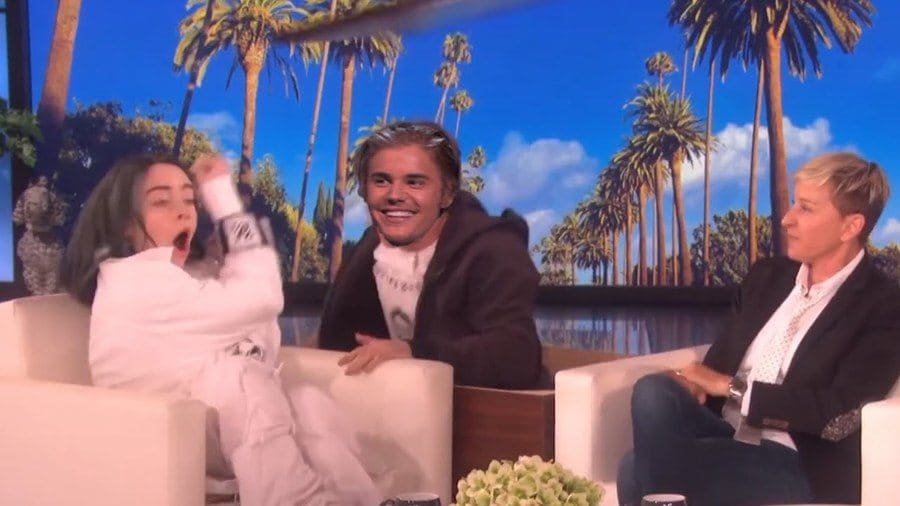 Billie Eilish being scared by a guy in a Justin Bieber mask on the Ellen show.