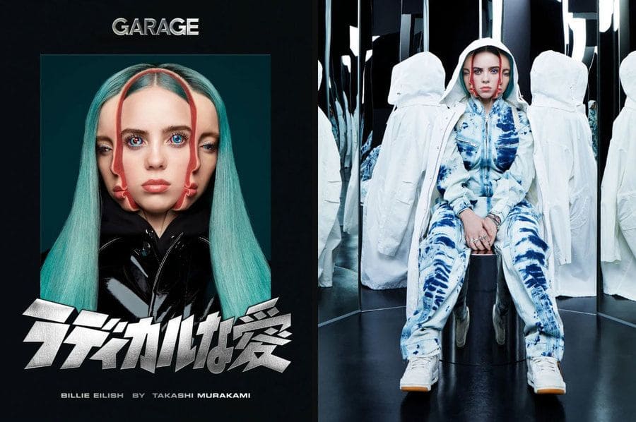 Billie Eilish’s cover of Garage by Takashi Murakami and a photograph of her in a jumpsuit by Stella McCartney.