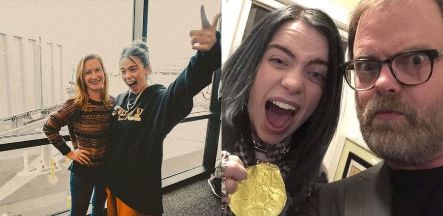 Billie Eilish with Angela from The Office. / Billie Eilish with Dwight Schrute from The Office.