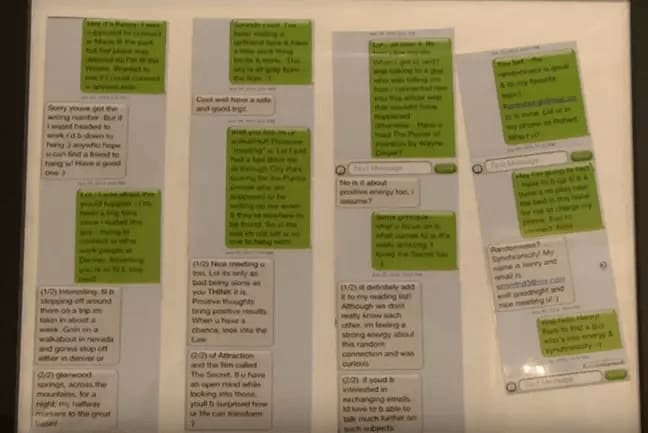 Framed text messages of Kasey Bergh and Henry Glendening