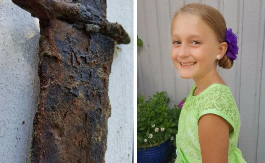 Saga Vanecek beside a photo of the sword