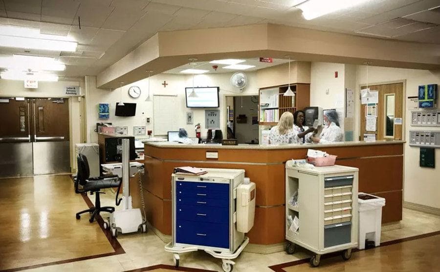 A photograph of the hospital nurses station 