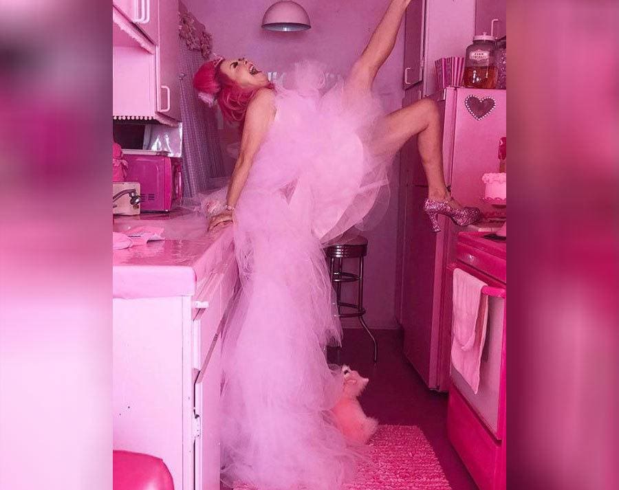 Kitten Kay Sera is in her kitchen wearing a fluffy pink dress and pink shoes with her pink dog jumping at her feet