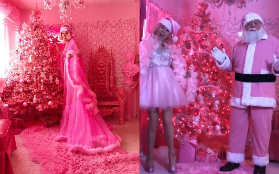A photograph of Kitten Kay Sera putting a pink star on her Christmas tree. / A photograph of Kitten Kay Sera and her pink Santa Claus. 