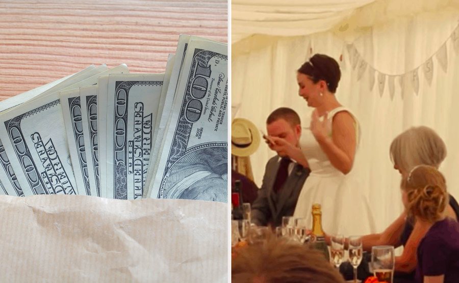 An envelope filled with hundred-dollar bills. / Lana stands up to give her wedding day speech.