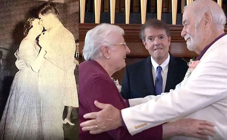 Annette and Bob at their high school prom. / Annette and Bob at the alter 63 years later 