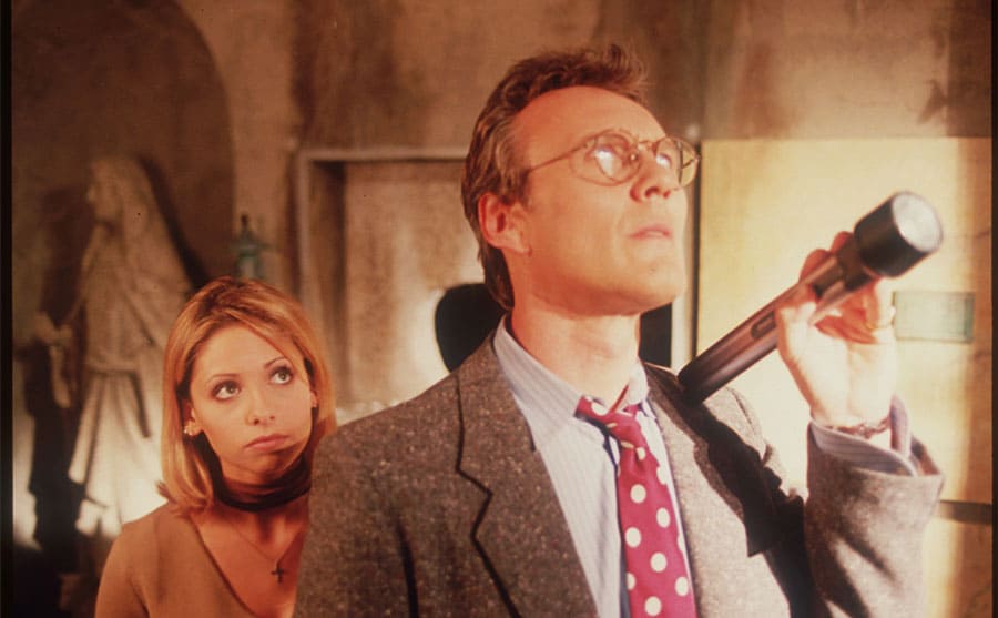 Sarah Michelle Gellar and Anthony Stewart Head holding a flashing looking up at something