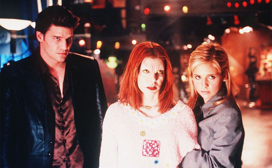 David Boreanaz, Alyson Hannigan, and Sarah Michelle Gellar with Alyson in vampire make up
