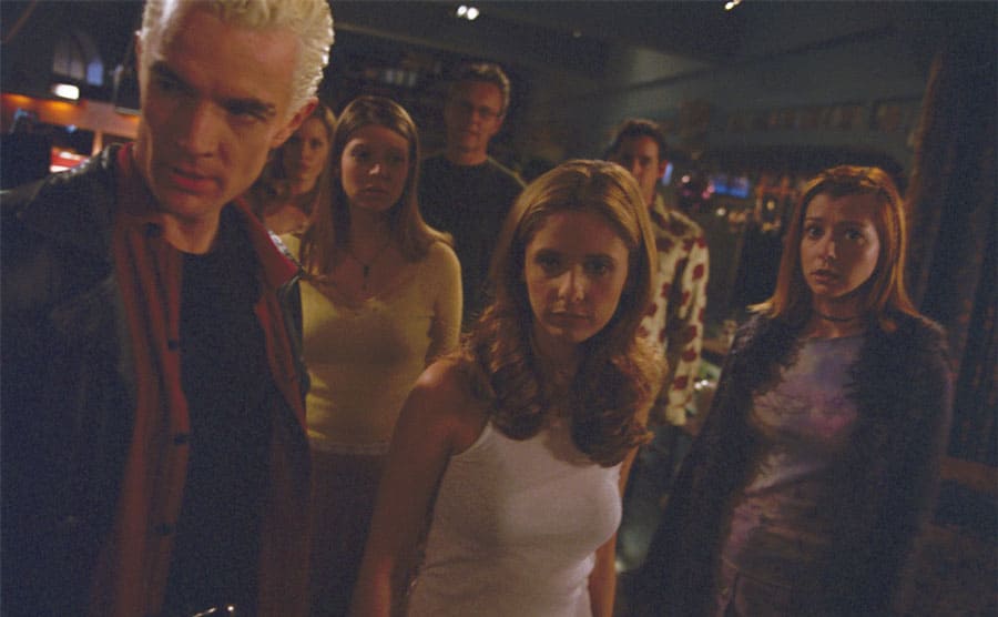 James Marsters, Emma Caulfield, Anthony Stewart Head, Sarah Michelle Gellar, Nicholas Brendon, and Alyson Hannigan in the musical episode