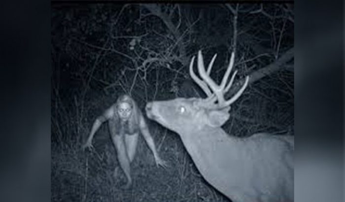 A girl in the woods with a deer.