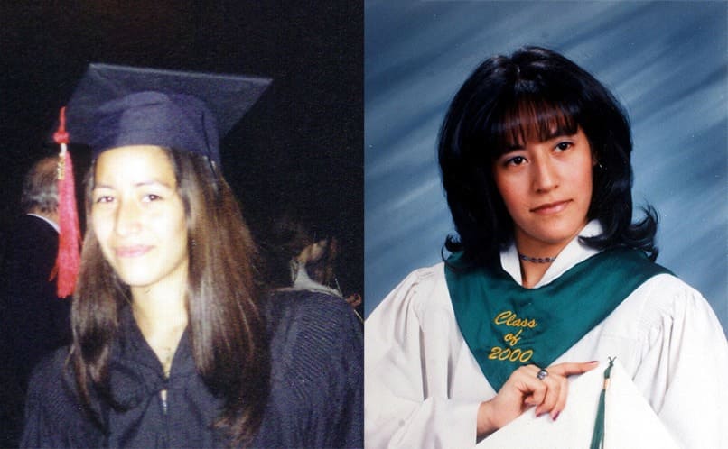 Tamara Rabi in a graduation gown 17 years old / Adriana Scott in a graduation gown 17 years old