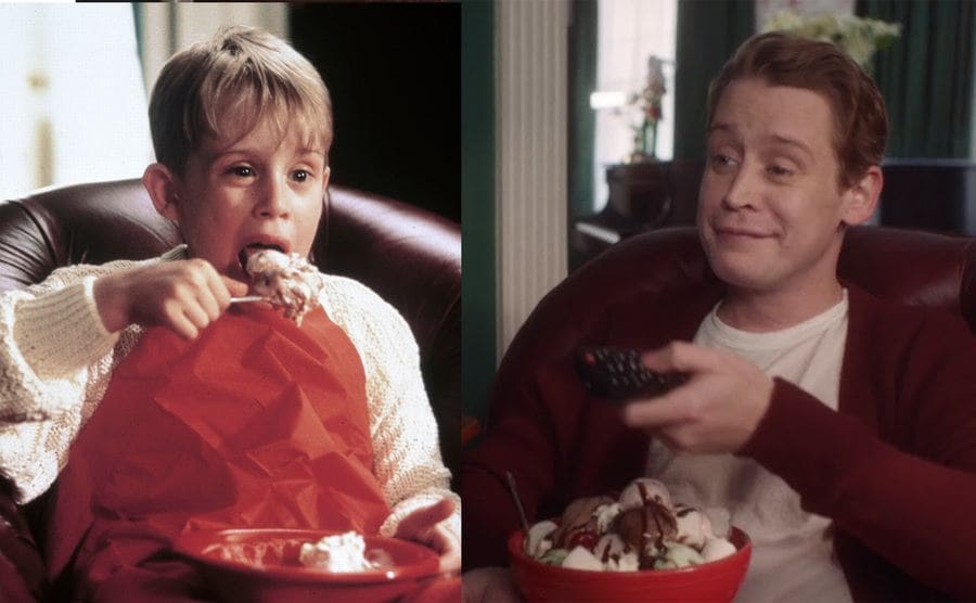 Macaulay Culkin in Home Alone eating a bowl of ice cream next to him doing the same thing today