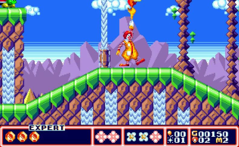 A screenshot of the Mcdonald’s Treasure Land Adventure video game with Ronald McDonald as the character