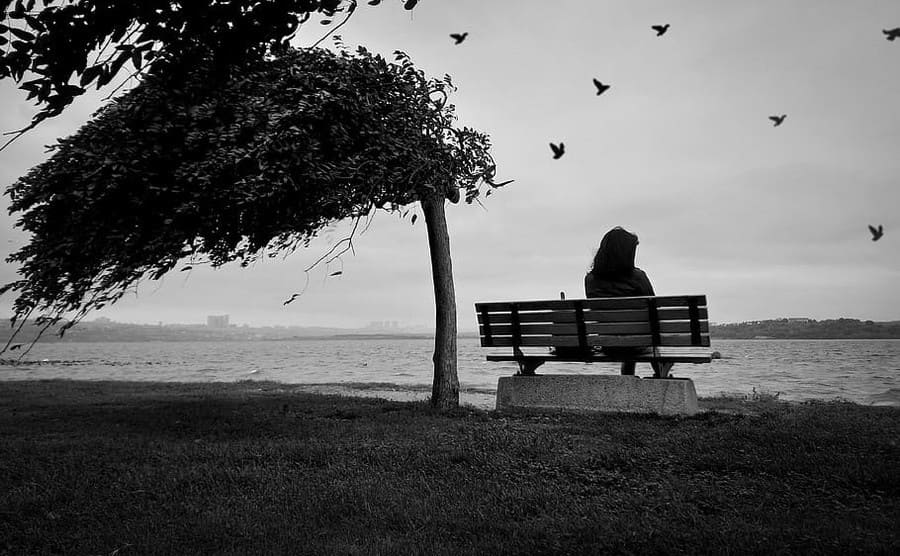 A woman sitting on a bench near a lake