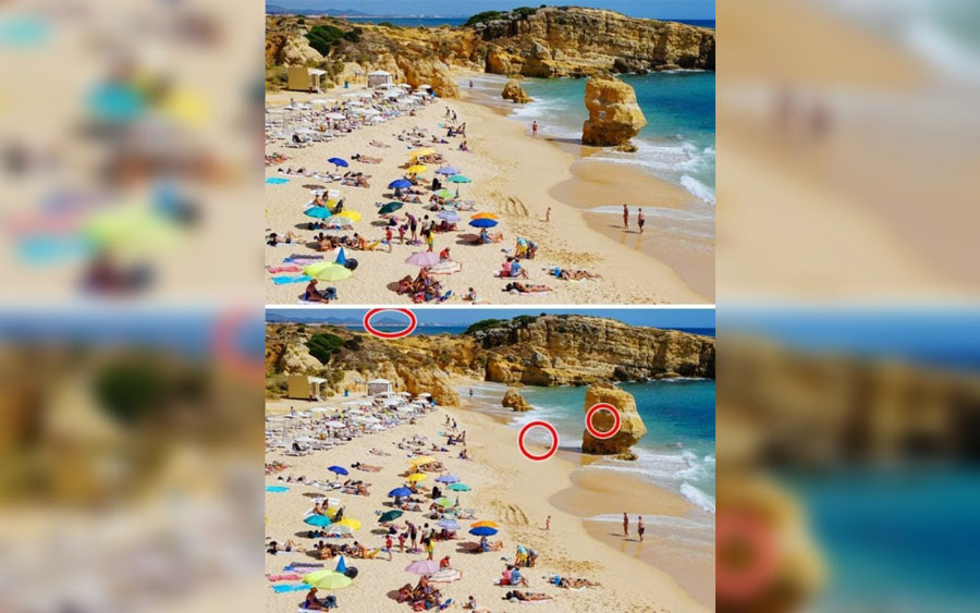Beach Scene with circles highlighting differences from the original image