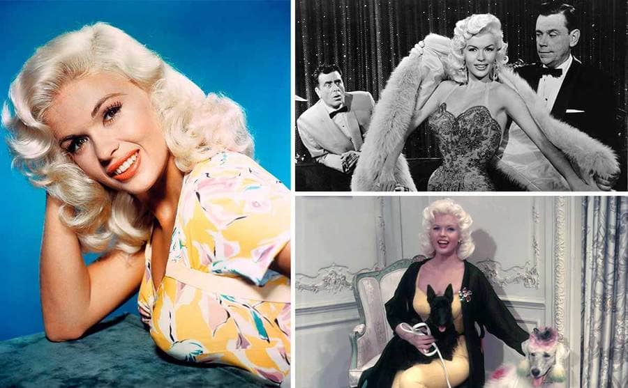 Jayne Mansfield posing in a yellow shirt / Tom Ewell removing Jayne Mansfield’s fuzzy wrap in a scene from The Girl Can’t Help It / Jayne Mansfield with a Scottie on her lap and Poodle sitting next to her