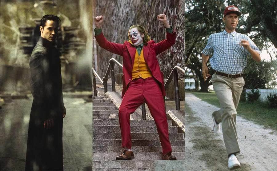 Keanu Reeves posing in a scene from The Matrix Revolutions / Joaquin Phoenix dancing on a long set of steps in the film Joker / Tom Hanks as Forrest Gump running down the path