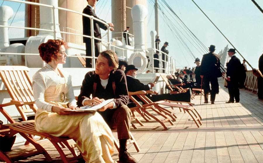 Kate Winslet and Leonardo DiCaprio on deck of the Titanic in the film Titanic