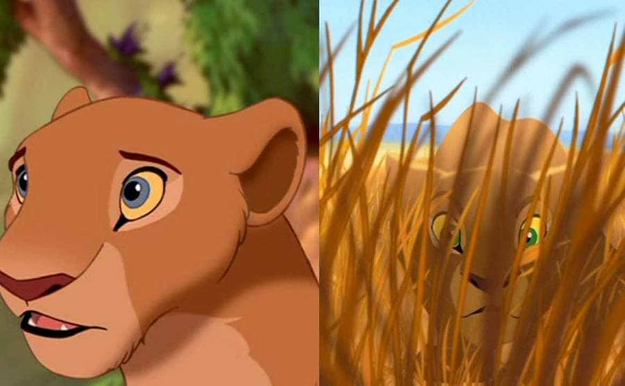 Nala from The Lion King in two different shots, one with blue eyes and one with green