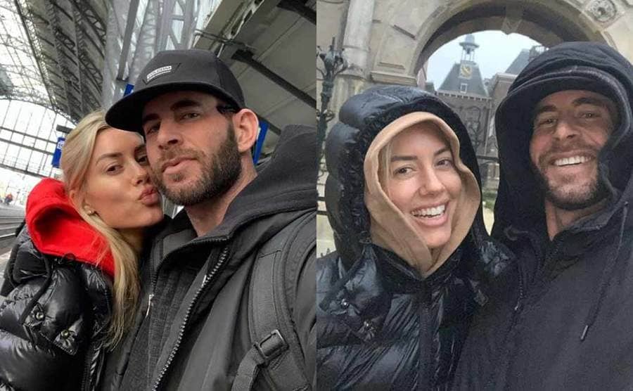Heather and Tarek posing at a train station in Paris / Heather and Tarek posing in front of a monument in Paris