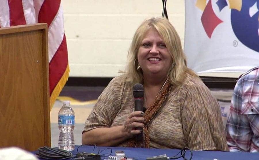 Cindy Hill being interviewed after winning the lottery