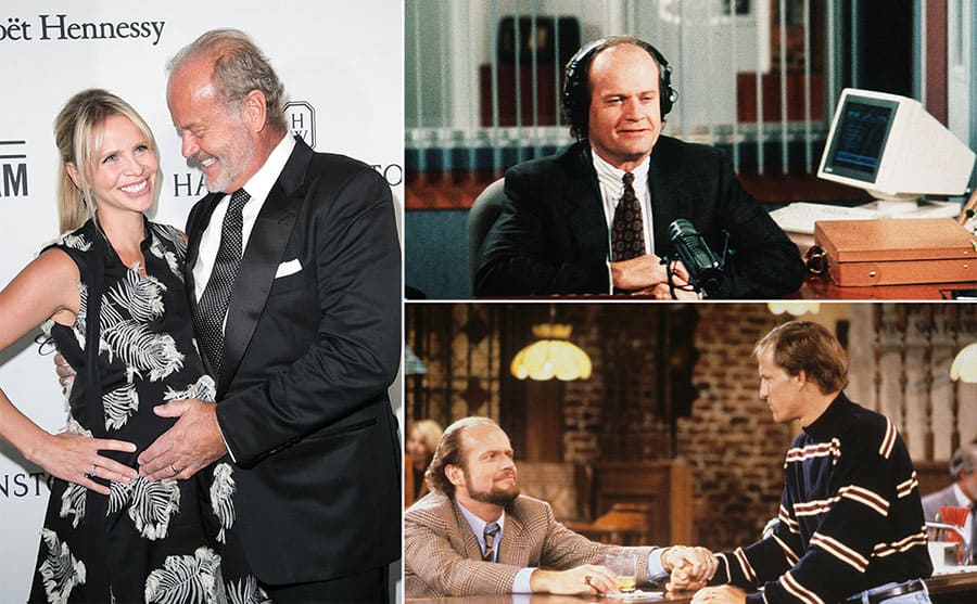 Kaytle Walsh pregnant with Kelsey Grammer on the red carpet in 2016 / Kelsey Grammer with headphones in the radio room on the show Frasier / Kelsey Grammer and Woody Harrelson at the bar on the show Cheers