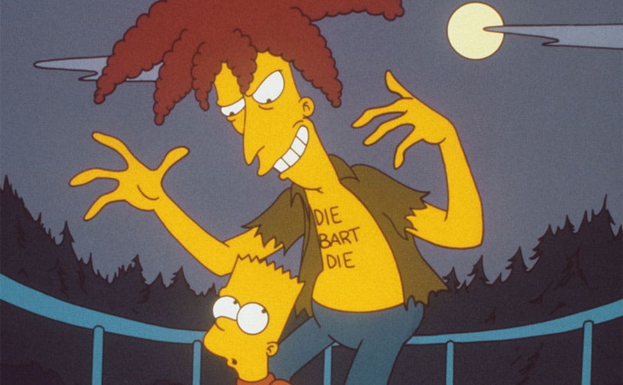 Sideshow Bob getting ready to strangle Bart from behind on The Simpsons