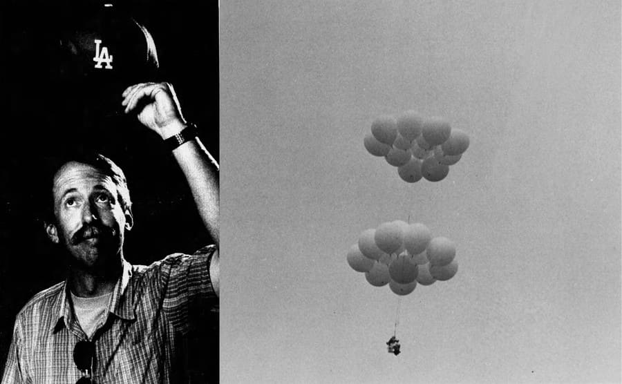 Lawn Chair Larry tipping his baseball hat / Lawn Chair Larry floating where you can only make out the balloons and a small black dot where Larry is sitting