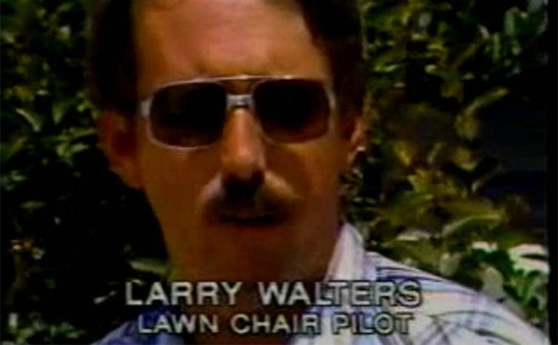 Larry on TV with a caption ‘Larry Walters, Lawn Chair Pilot.’