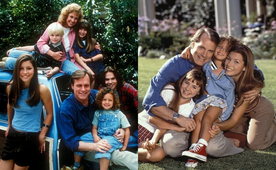 A shot of the cast of 7th Heaven posing on their car / Stephen Collins, Mackenzie Rosman, Jessica Biel, and Beverley Mitchell posing in their yard on 7th Heaven