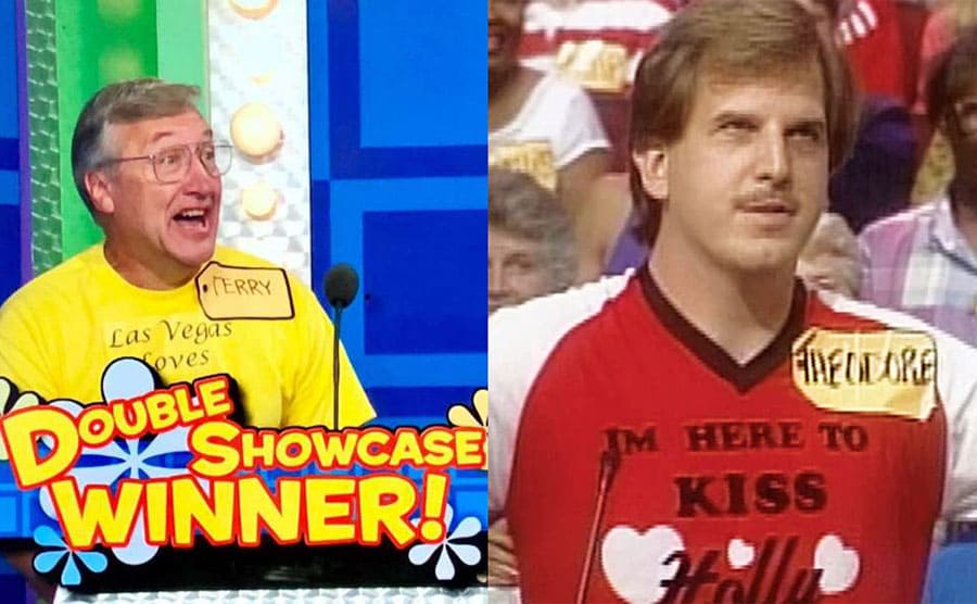 Terry looking excited with ‘Double Showcase Winner!’ written across the screen / Ted standing behind the podiums with his arms spread