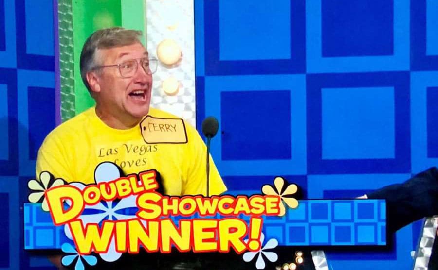 Terry looking excited with ‘Double Showcase Winner!’ written across the screen