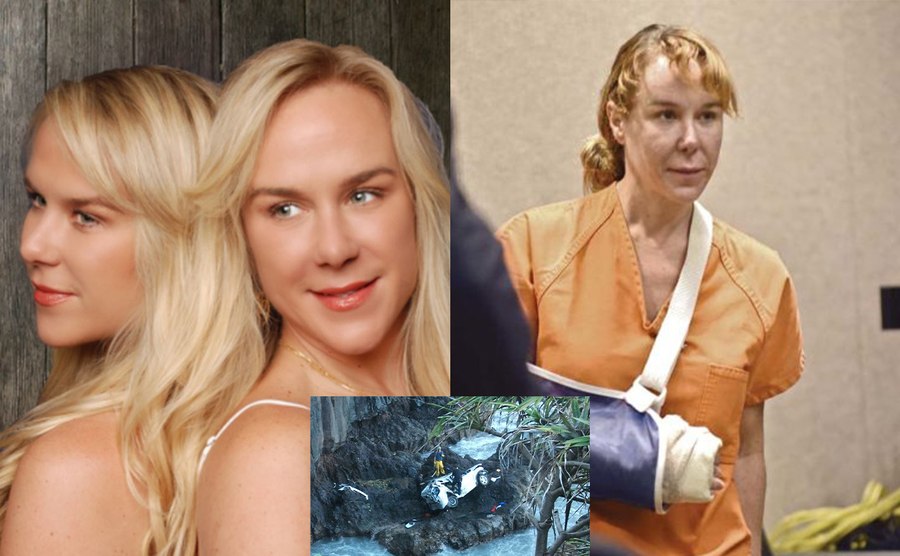 The twins posing together / The car at the bottom of the cliff / Alexandria Duval in court with a broken arm
