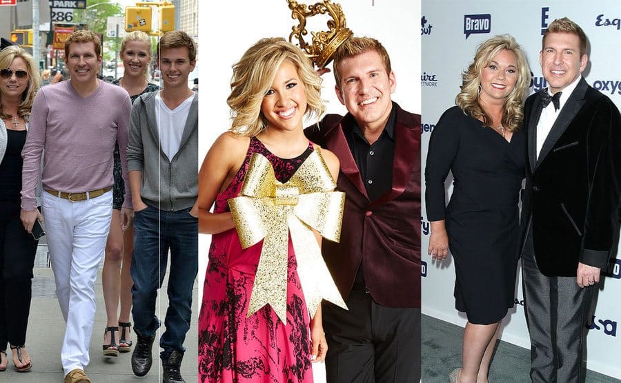 Julie Chrisley, Todd Chrisley, Savannah Chrisley and Chase Chrisley walking down the street / Savannah Chrisley holding a big bow and Todd Chrisley holding a crown / Julie Chrisley and Todd Chrisley hugging and smiling