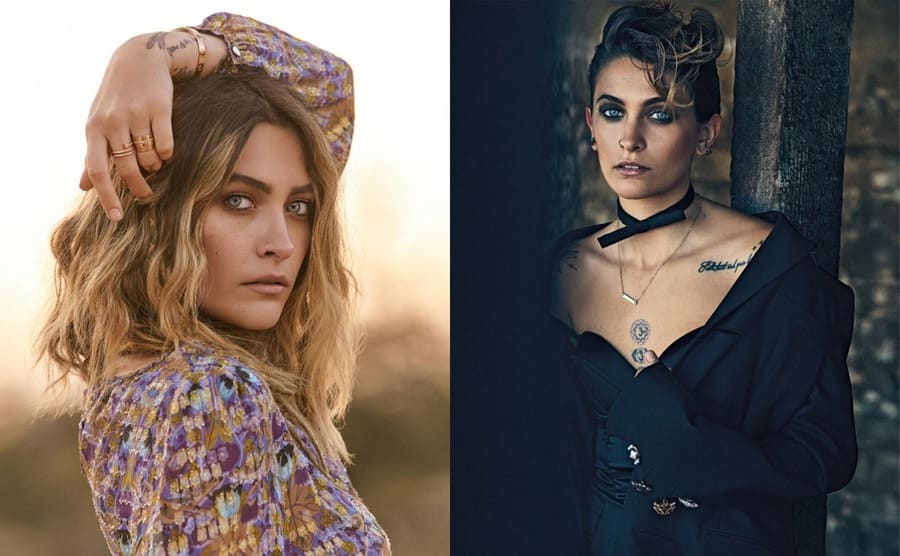 Paris Jackson posing in a colorful dress with her hand over her head / Paris Jackson posing in all black in front of a dark wooden pole