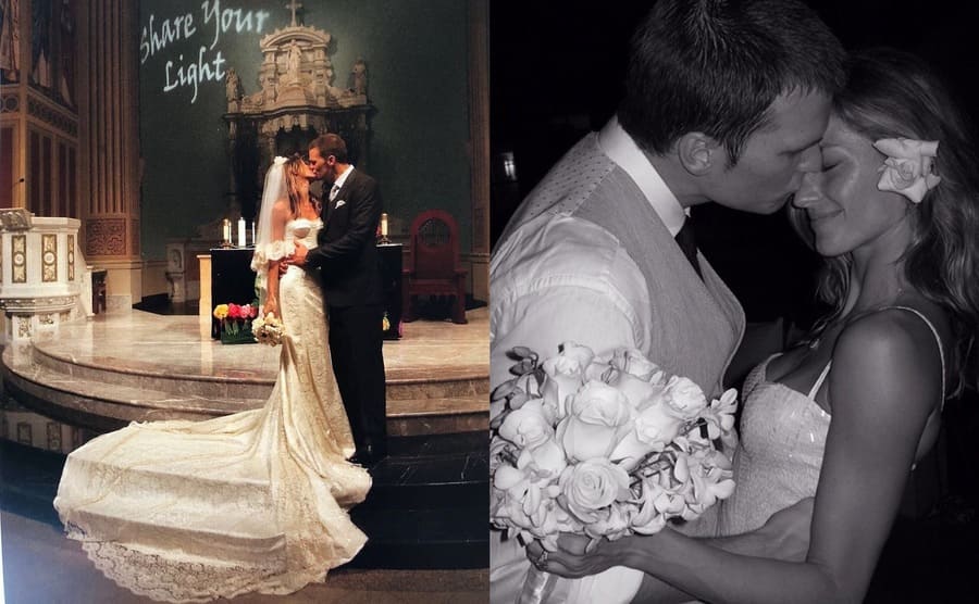 Gisele Bundchen and Tom Brady posing in their wedding wear / Tom Brady and Gisele dancing on their wedding day