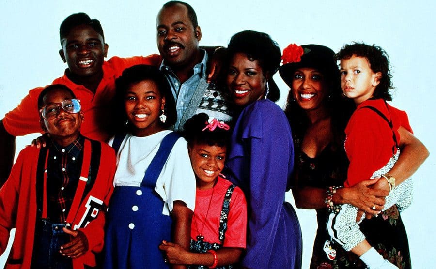 Jaleel White, Darius McCrary, Kellie Shanygne Williams, Reginald Veljohnson, Jo Marie Payton-Noble, and Jaimee Foxworth posing together in a promotional photograph for Family Matters