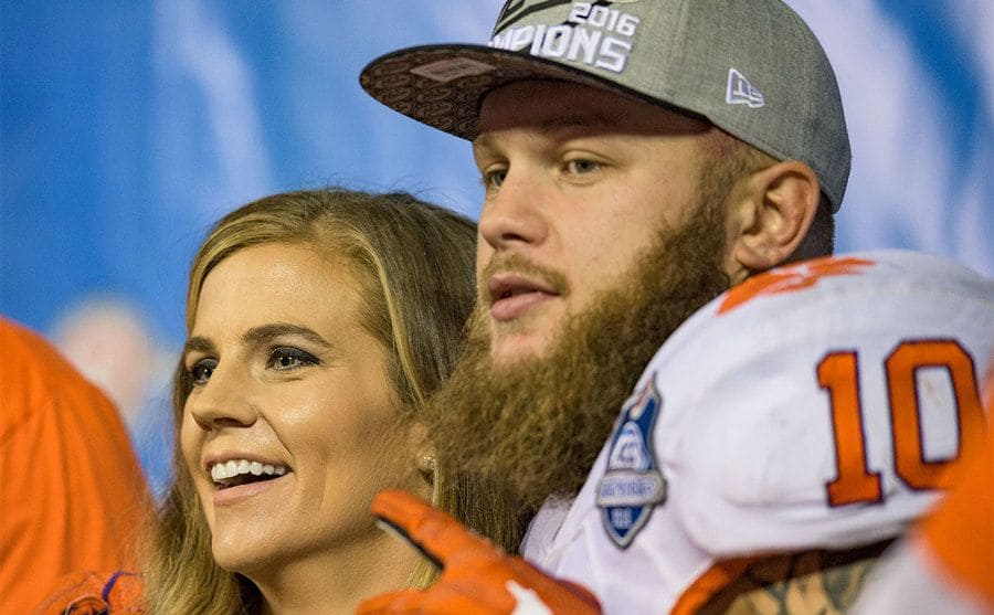 Clemson linebacker Ben Boulware and Samantha cheering during the Football Championship game