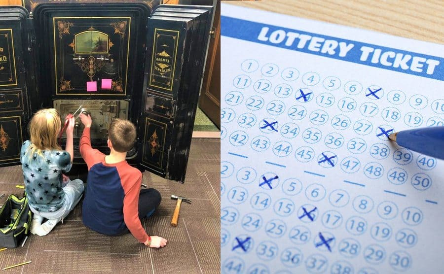 Two children trying to unlock a safe / A lottery ticket is filled up with a pen 