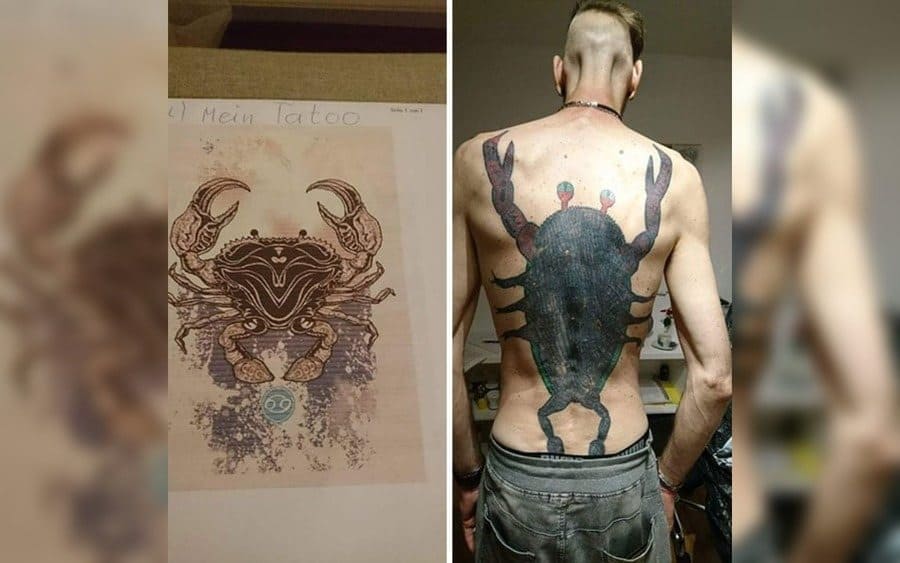 A tattoo of a crab on a guy's back