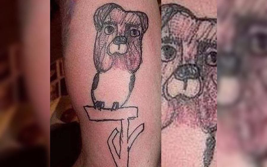 A tattoo of a dog that looks like an owl