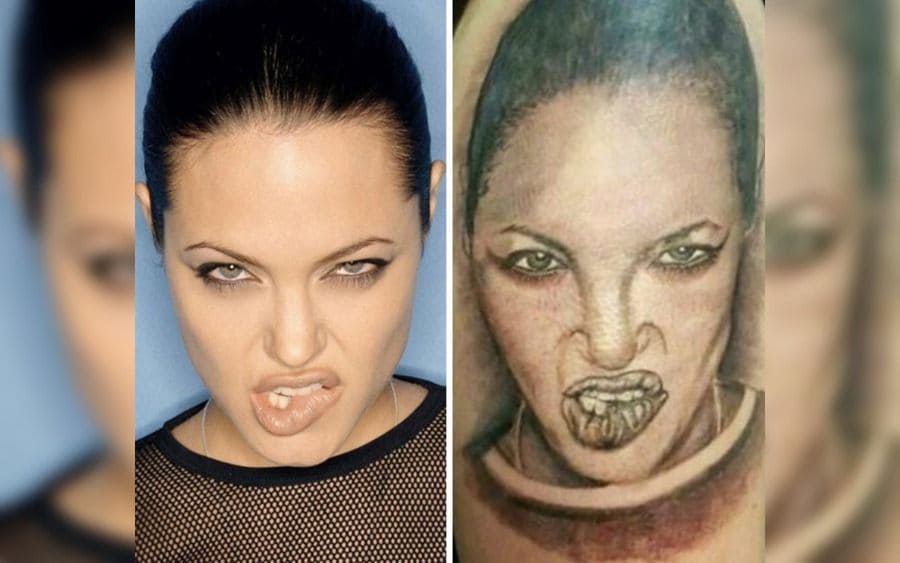 A tattoo of Angelina Jolie on a guy's arm that doesn't look like her