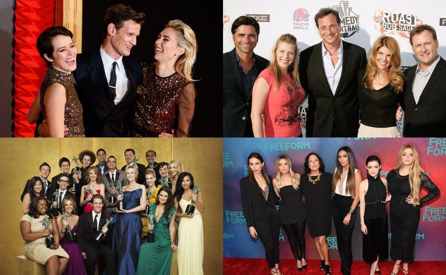 The cast of Seinfeld hugging with a white background / Courteney Cox, Matthew Perry, Jennifer Aniston, and Lisa Kudrow on the red carpet at the Golden Globe Awards in 1996 / The cast of Baywatch sitting at a behind the scenes tour / The cast of Full House reuniting on the red carpet