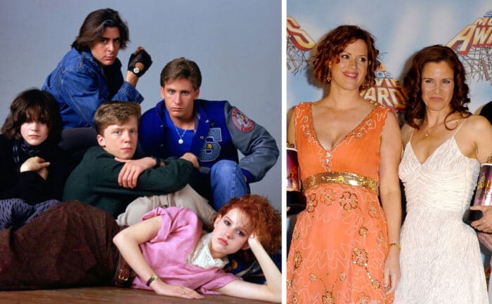 The cast of the Breakfast Club posing together in the iconic movie poster with Molly Ringwald learning on her left arm sprawled out in front of everyone / Molly Ringwald and Ally Sheedy on the red carpet in 2005