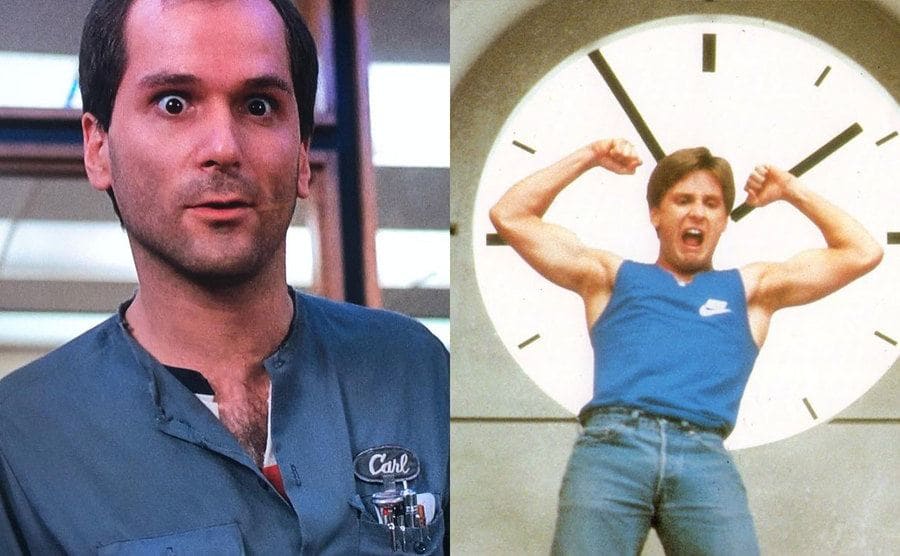 John Kapelos as Janitor Carl in uniform / Emelio Estevez as Andrew Clark flexing his arm muscles in front of a large clock in the wall